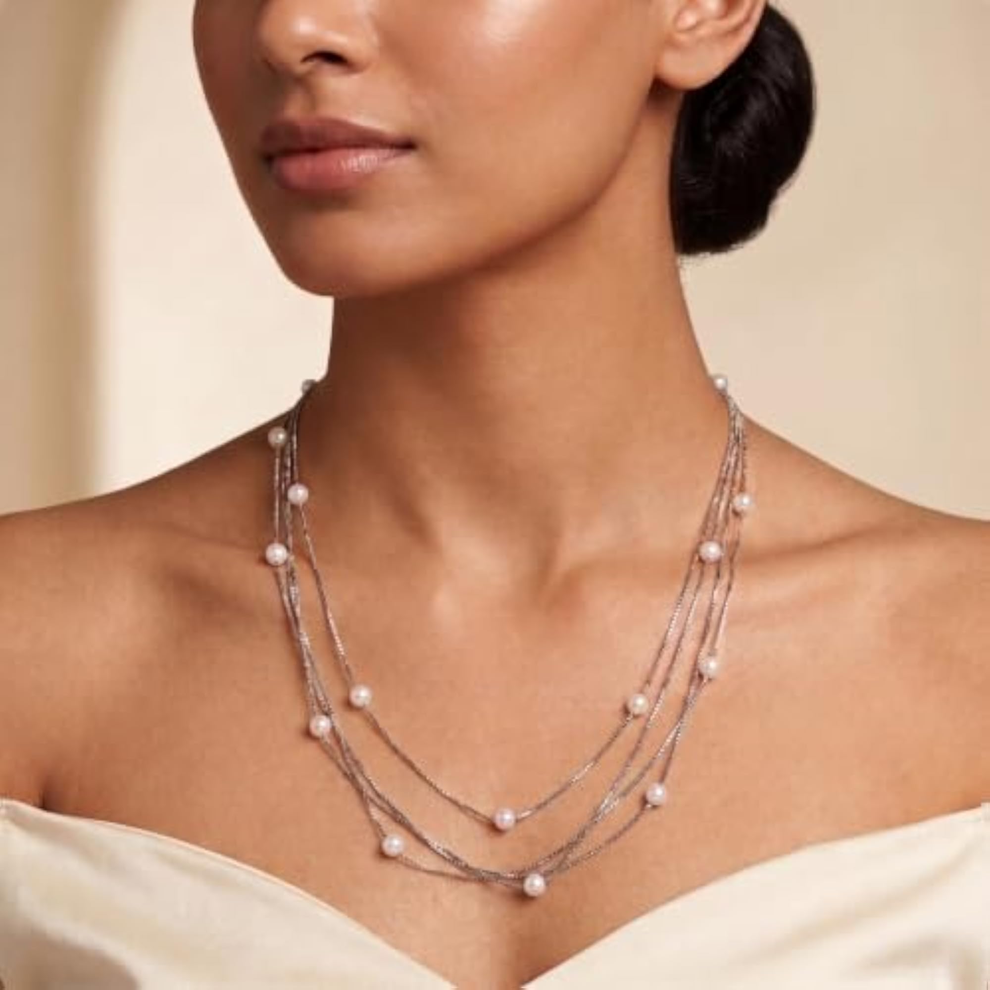 Women's 925 Sterling Silver Pearl Triple Layer Dokiya Necklace