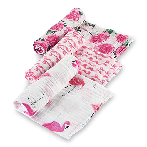 Image of LollyBanks Muslin Swaddle Blankets, 100% Cotton Baby Swaddle Blanket for Girls, Soft and Large 47 x 47 Inches Newborn Swaddle, Breathable Baby Receiving Blankets, Registry (Flamingo and Flower 3 Pack)