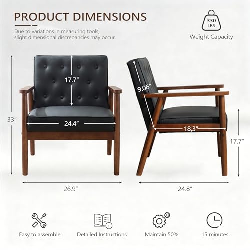 Image of Black Accent Chairs Set of 2, Faux Leather Chairs with Solid Wood Armrest | JIASTING, Mid-Century Modern, Tufted Backrest, Living Room, Waiting Room, Office