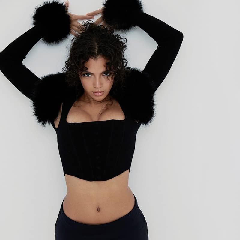 XPONNI Two-Piece Set Fur Trim Y2k Cardigan Crop Top Fluffy Top Womens Y2k Cropped Knit Bolero Dressy Sweater - Image 6