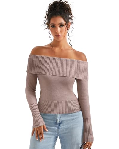 Image of SUUKSESS Women Off Shoulder Sweaters Long Sleeve Ribbed Knit Going Out Fall Tops Blouse