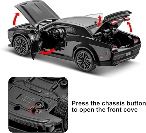 Image of Model Car Exclusive Alloy Metal Pull Back Die-cast Car Metal Pullback Toy car with Openable Doors & Light Music Best Gifts Toys Kids (1:32 Scale Dodge Challenger - Black)