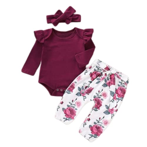 Image of Aoswep Newborn Baby Girl Clothes, Infant Girl Outfits Long Sleeve Ruffle Romper + Floral Pants + Headband Set