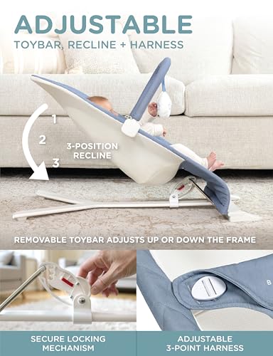 Image of Baby Delight Alpine Deluxe Portable Bouncer, Organic Dusty Blue | Infant 0-6 Months, 3-Position Recline, 3-Point Safety Harness, 100% GOTS Certified Cotton Fabric Removable & Washable Cover