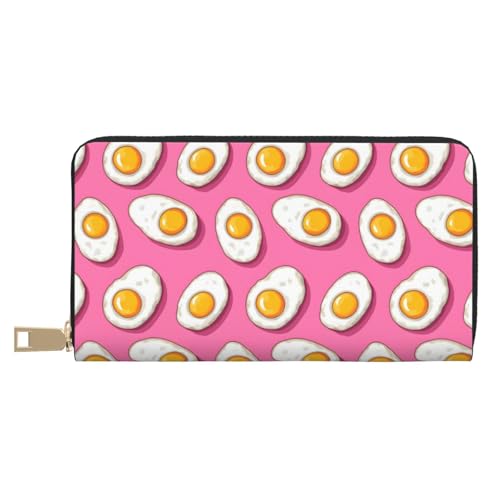 Leather Thin Slim Wallets for Women & Men - Bright Fried Egg Pink Print Card Wallet Holder with Zipper
