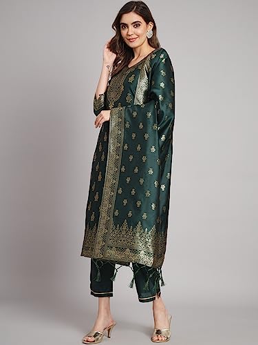 Image of VredeVogel Women's Cotton Silk Jacquard Kurta Pant Set with Banarasi Silk Dupatta