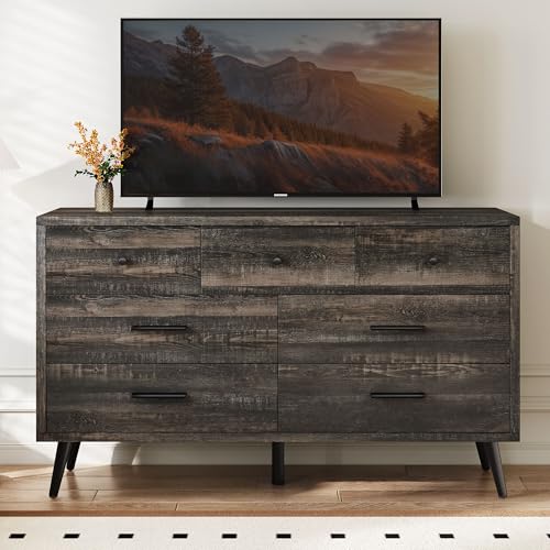 YITAHOME Dresser TV Stand for 55 Inch TV/7 Drawer Dresser Entertainment Center/Console Table with Black Metal Handles & Anti-Tipping Device for Living Room/Bedroom-Dark Rustic Oak