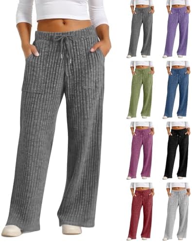 Wide Leg Pants Woman Loose High Waisted Baggy Pants Comfy Drawstring Stretchy Pull On Elastic Waist Pant with Pockets