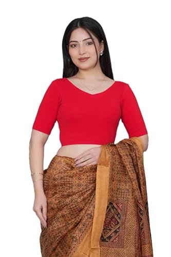 Image of Mlada V-Neck Stretchable Saree Blouse Top for Women | Slim Fit Short Sleeves Solid Cotton Blouses | Readymade Saree Blouses for Women Festive & Ethnic | Blouse Crop Top