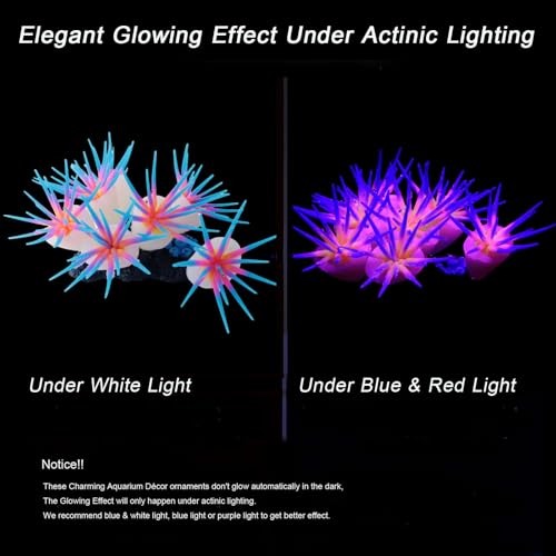 ZtohPyo Glowing Effect Fish Tank Aquarium Decorations, Artificial Silicone Plants Ornaments for Fish Tank Landscape Decor Glow in The Dark Soft Anemone for Small Aquarium Decoration (Blue Anemone)