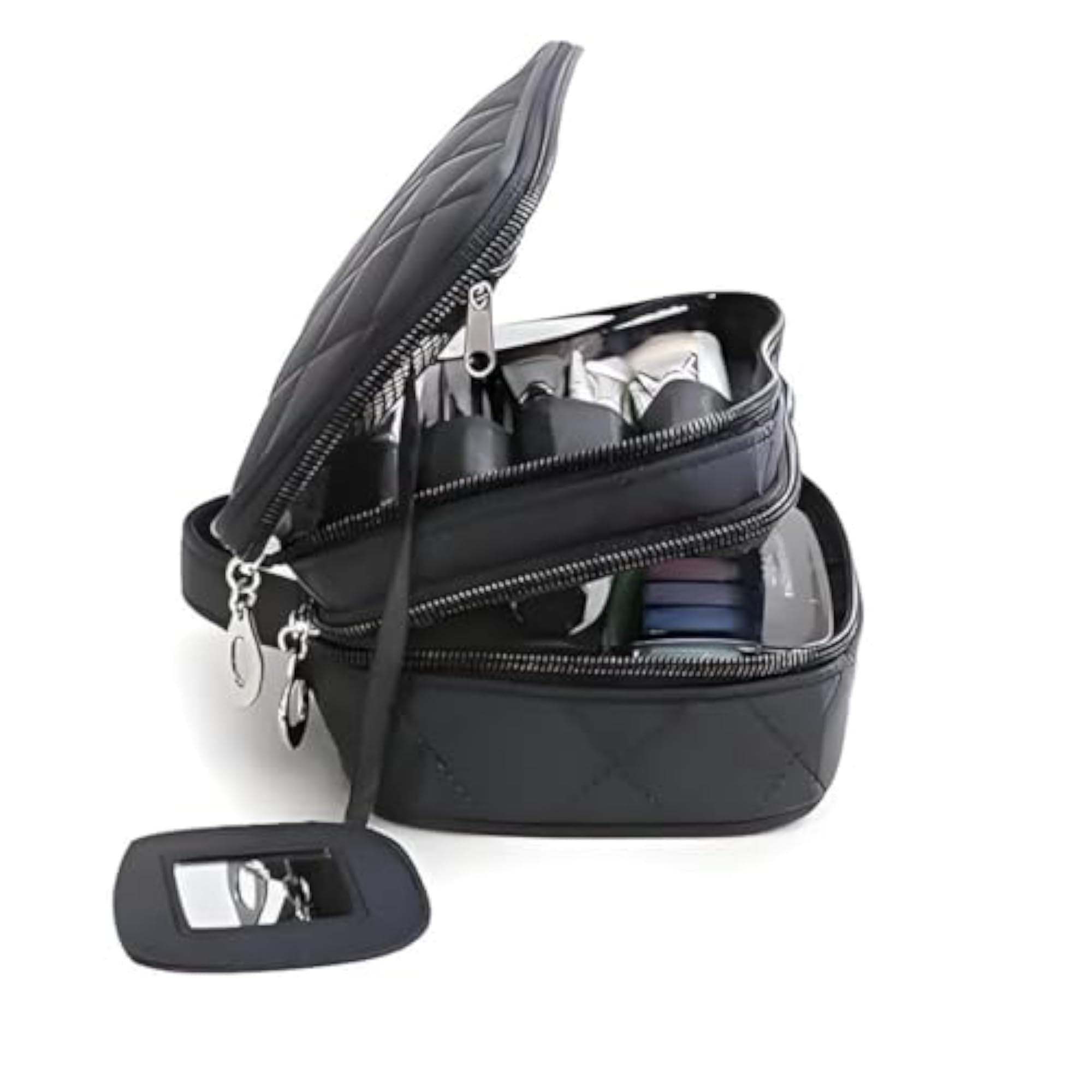 Black Quilted Nylon Travel Makeup Bag with Mirror