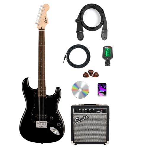 Image of Fender Squier Sonic Stratocaster HT H - Black Bundle with Frontman 10G Amp, Tuner, Strap, Cable, Picks, and Austin Bazaar Guitar DVD