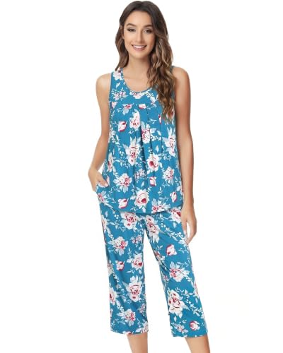 Image of NACHILA Pajamas for Women-Viscose Made from Bamboo, Sleeveless Pjs Tank Top Capri Pants Pajama Sets Cooling Sleepwear