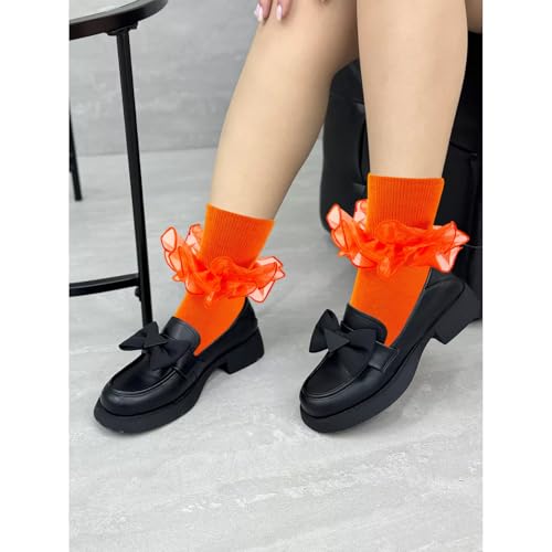 Image of Women Big Ruffle Ankle Socks Adult Double Lace Frilly Socks Fold Cuff Cotton Ruffled Dress Crew Bobby Bride Sock