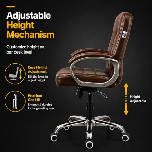 Image of Zen Executive Ergonomic Office Chair for Work from Home | Leatherette Revolving Chair with 360 Swivel, Chrome Base & Cushioned Seat (Brown, Mid Back)