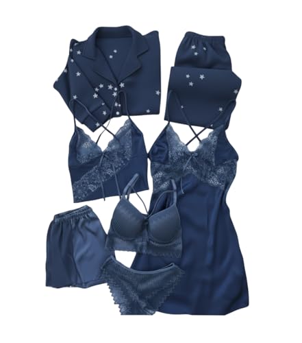 Image of Valentine's Day Fancy Night Suit Bath Robe Dress & Bra Penty Set Combo for Women's Pack of 7 Pcs Nightwear Lingerie Silk Wedding Set Gifts Lace Nightsuit Set (Free Size) Blue