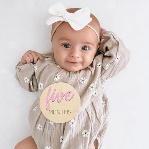Image of Baby Monthly Milestone Markers Disc, Wooden 3D Milestone Cards for Photos, Baby Announcement Sign, 1-12 Months, wooden baby milestone sign (Pink)
