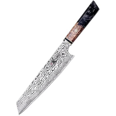 MITSUMOTO SAKARI 8 inch Japanese Kiritsuke Chef Knife, Hand Forged Japanese Sushi Knife, AUS-10 Premium Damascus Steel Kitchen Cooking Knife (Shadowwood Pomegranate Handle & Sandalwood Box) Cover