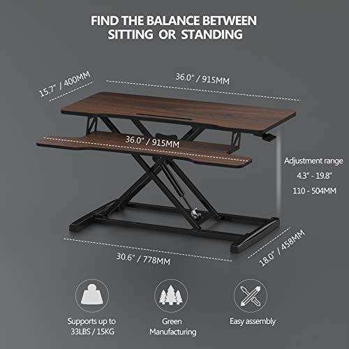 Image of FITUEYES Height Adjustable Standing Desk 36 inch Wide Sit to Stand Converter Stand Up Desk Tabletop Workstation for Laptops Dual Monitor Riser Brown SD309102WE