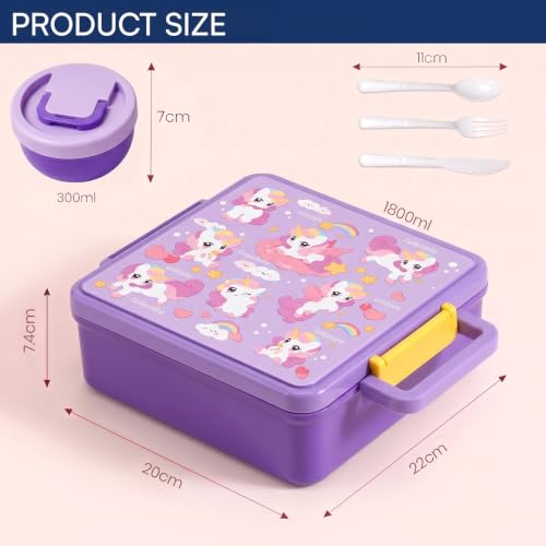 Image of House of Quirk 'NomNom' Unicorn Print Bento Lunch Box, 1800ml with 300ml Removable Bowl, Microwave Safe Lunch Box with Spoon, Fork & Knife for Kids, School, Office, Picnic & Travel (Purple)