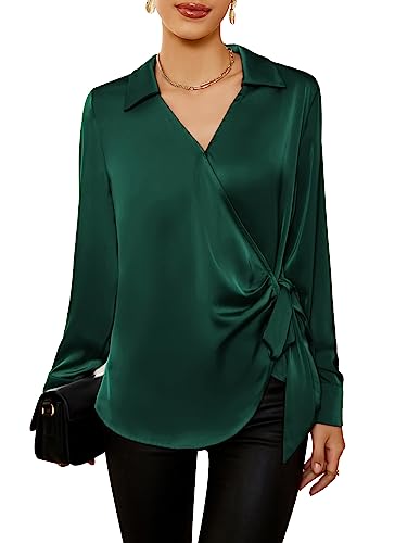 GRACE KARIN Women's Satin Silk Blouses Wrap V Neck Shirts Long Sleeve Elegant Tie Waist Office Formal Work Tunic PulloverTops