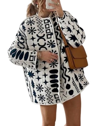 Yimoon Women's Quilted Lightweight Jacket Floral Print Padded Coat Button Down Puffy Cardigan Outwear(White-Medium)