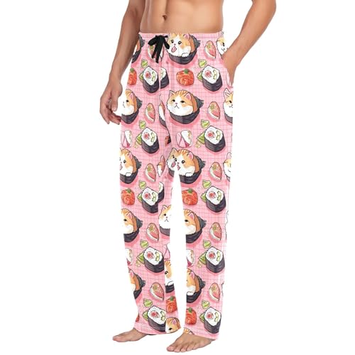 Men's Sushi Kawaii Pattern Pajama Pants with Pockets - Straight Fit Cotton Sleep Bottoms for Lounge & Nightwear#9464