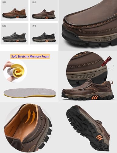 Men's Outdoor Slip On Loafers,Comfort Hand-Stitching Leather Elastic Non-Slip Arch Support Travel Hiking Walking Shoes2