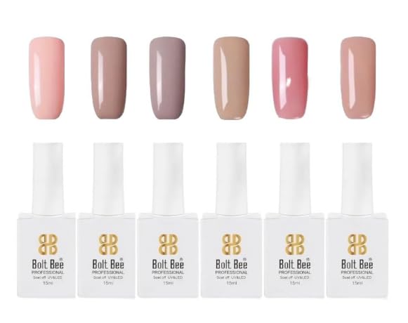 Image of Bolt Bee Gel Polish Kit, 6 Colors Light Soft Sakura White Nude Spring Soak off Nail Art Design Manicure Kit at Home (13)