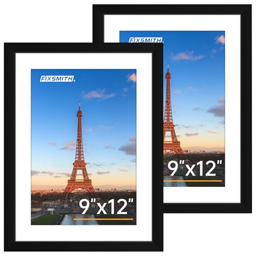 FIXSMITH 9x12 Picture Frame Set of 2 Photo Frame with HD Plexiglass Display Pictures 6x8 with Mat or 9x12 Without Mat Black Picture Frames Collage Wall Decor Gallary Wall Frame