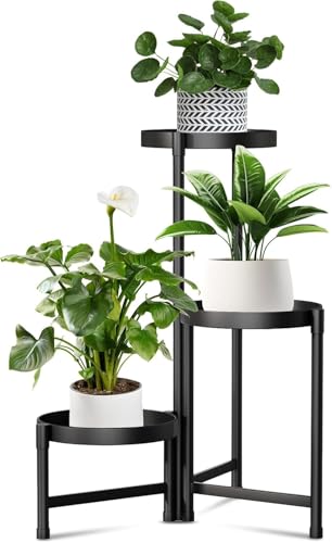 Image of ABJA 3 Tier Plant Stand for Living Room, Balcony, Adjustable /Rotatable Corner Tall Planter stand for Multiple Plants, Flower Pot Display Stand for home decor (Metal, Black)