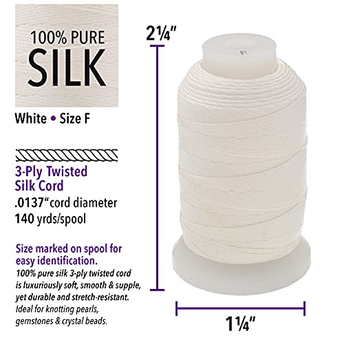 The Beadsmith Pure Silk Cord – White Color – Size F (0.348Mm/0.0137”) – 140 Yards (420Ft), 1/2-Ounce Spool – For Knotting Pearls, Gemstones, Crystals And Beads #TOP2