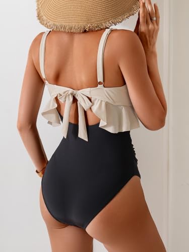 B2prity Womens One Piece Swimsuit Tummy Control Ruffled Bathing Suit V Neck Cutout Swim Suit Tie Back Swimwear4