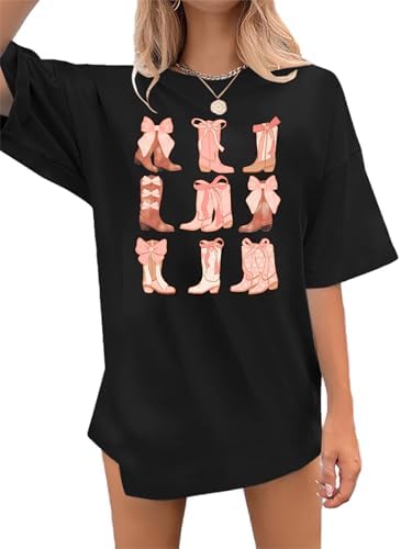 Oversized Western Cowgirl Shirts for Women Let's Go Girls Shirt Country Music Tee Hat Boots Short Sleeve Tops