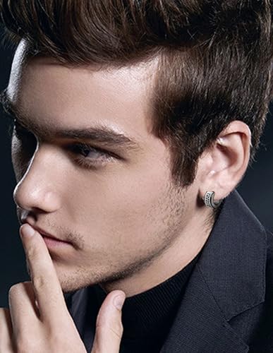 12 Pairs Hoop Earrings for Men Stainless Steel Huggie Earring Round Circle CZ Bevel Edge Unique Greek Key Hoops Piercing Jewelry Set Black Silver Tone3