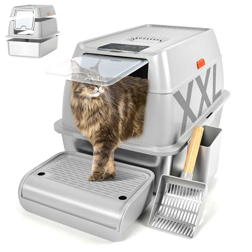 Kalolary Lettiera per Gatti in Acciaio Inox con Coperchio, Lettiera Gatto Chiusa Grande XXL con Ingresso Dall'alto, Coperchio Recinto Alto, Paletta, Pedale (Grigio)