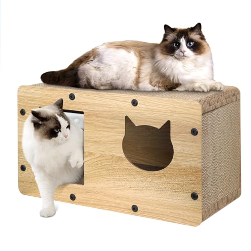 FURJOY Katzenhaus Pappe mit Katzen Kratzbrett, Katzenbett Katzenhöhle für Indoor-Katzen mit Katzenminze, Einfach zu Montierendes Katzen Kratzmöbel für Verschiedene Wohnkultur, 53 * 30 * 28cm