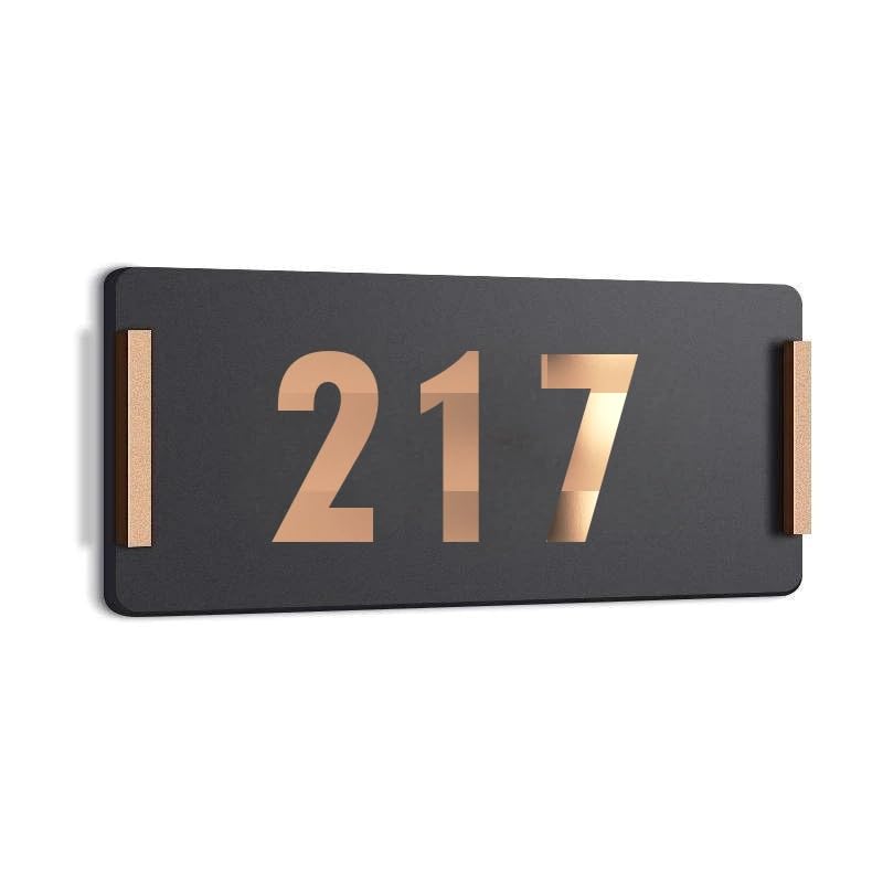 Image of HOTEL ROOM NUMBER PLATES - 217| Black acrylic board fixed mirror gold number | Easy installation type double sided tape fixed on backside
