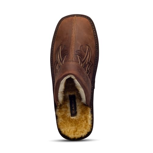 Image of ARIAT Silversmith Men's Suede Slippers, Square Toe Slip-On | Western Boot Look, Indoor Outdoor House Shoe, Faux Shearling Warmth, Cushioned Footbed, EVA Rubber Sole, Closed Back Clog