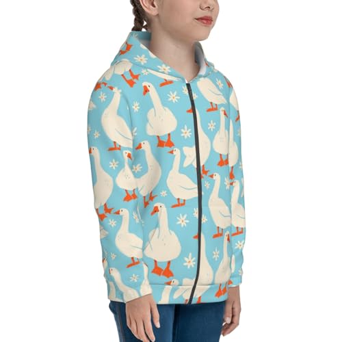 White Geese and Flower Kid Hoodies Boys Zip Up Sweatshirts Girls Pullover with Pocket4