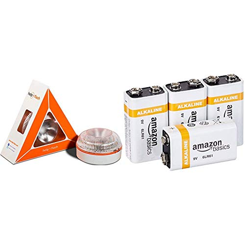 Help flash - Luz de Emergencia autónoma - Señal v16 de preseñalización de Peligro, homologada DGT & Amazon Basics - Pilas alcalinas de 9 voltios de Uso Diario (Pack de 4 uds.) Cover