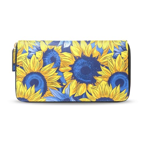 Long Wallets Leather Bifold Wallet for Women Sunflowers Blue with Zipper Credit Card Holder Large Capacity