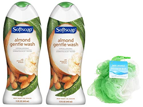 Softsoap Almond Gentle Wash Bundle Includes Body Wash, 15 Fluid Ounces (Pack of 2) and Mesh Bath Sponge (Colors May Vary) (3 Items Total in Bundle)