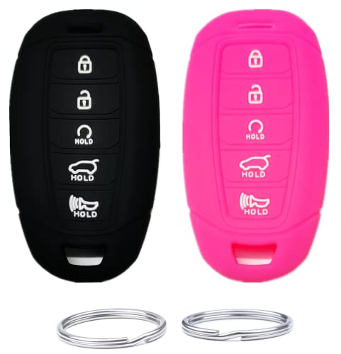 UOKEY Silicone Keyless Remote Key fob Cover fit for 2017-2020 Hyundai Palisade Kona Veloster i30 Ix35 Solaris Azera Grandeur Ig.Part Number:95440-S8010(5 Button) (Black+Rose red)