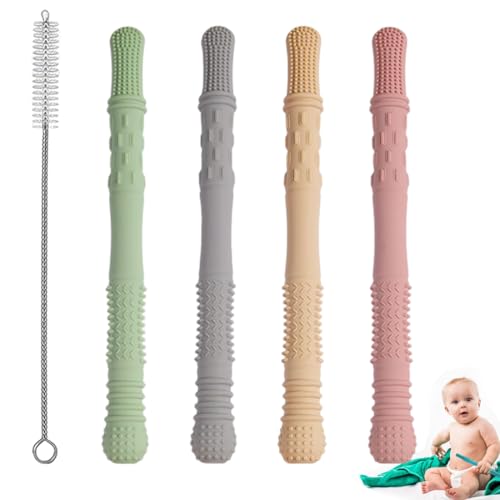 DIBLUM Zahnungshilfe baby,kaustange baby,beißröhrchen,BPA-frei, Beißstange mit 1 Reinigungsbürsten,wundes Zahnfleisch zu stimulieren und zu massieren(4 Stück)