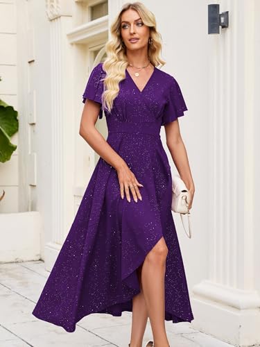 Image of Long Black Formal Dresses for Women Gowns Evening Party Cocktail Dress,Split Elegant V Neck Wrap Ruffle Wedding Guest Dresses