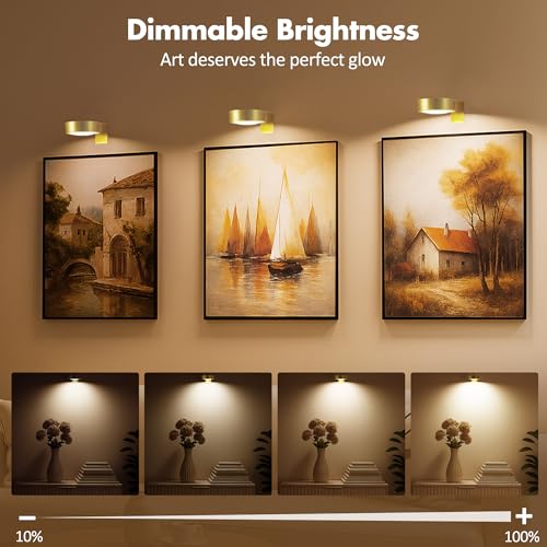 3pcs battery operated picture light magnetic led painting light with remote dimmable and timer 3 lighting modes art display light for picture frame paintings wireless wall decor puck lights gold