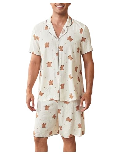 Men's 2 Piece Pajama Set Cartoon Bear Graphic Short Sleeve Button Down Shirt and Shorts Pjs Sleepwear Loungewear