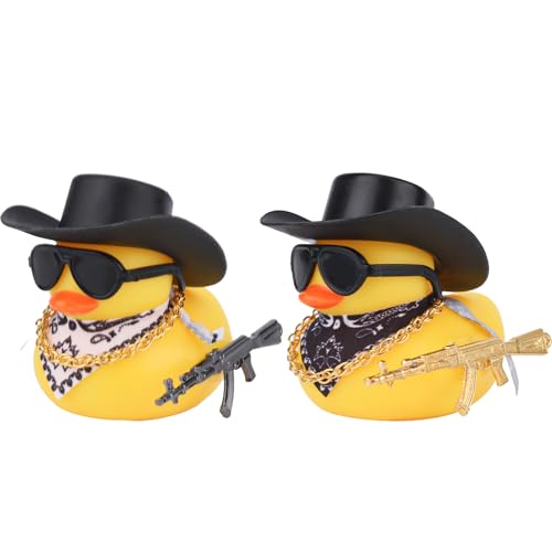 BOXOB 2 Stück Gummienten Auto-Armaturenbrett-Dekor, Lustige Ente Auto-Innendekoration mit Cowboyhut Goldener Halskette und Sonnenbrille Cooles Auto-Zubehör für Büro Zuhause Schreibtisch