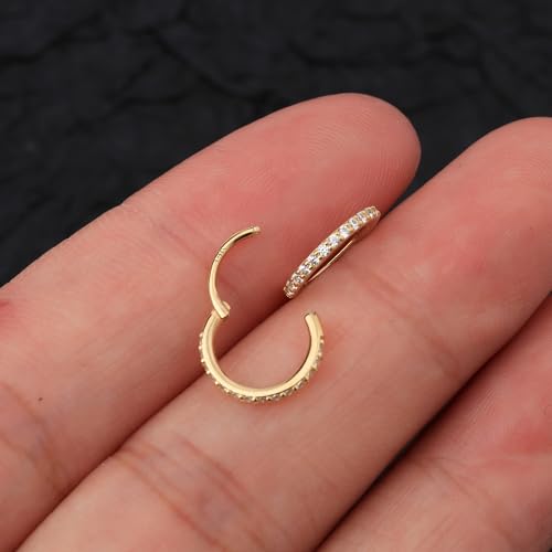 OUFER 14K Solid Gold Nose Ring Hoop 20G - Piercing Jewelry for Conch, Tragus, Cartilage - Clear CZ Paved Earring Hoop for Women3